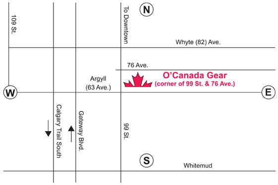 Map to get to O'Canada Gear's showroom in Edmonton